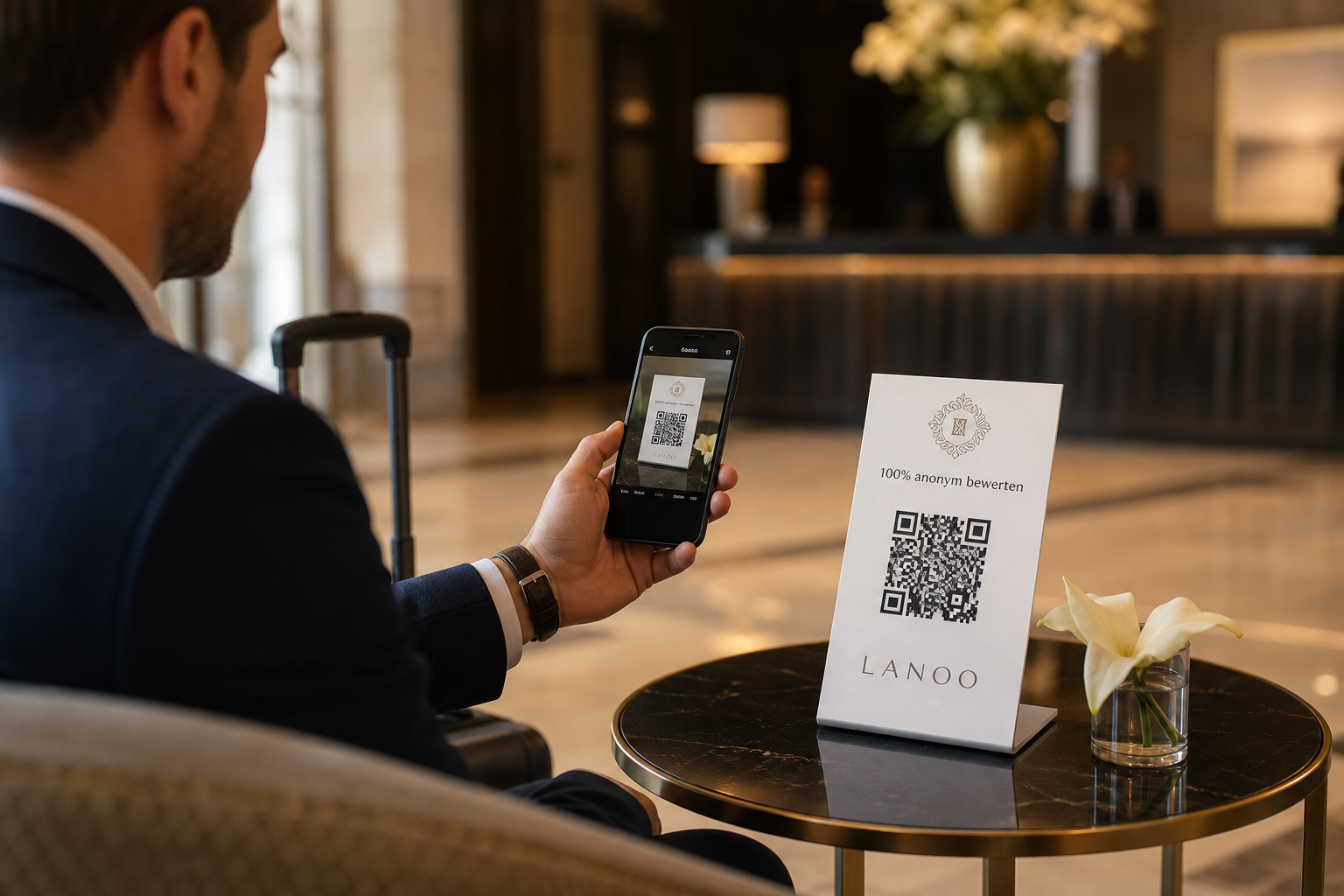 Hotelgast scannt LANOO QR-Code in der Lobby